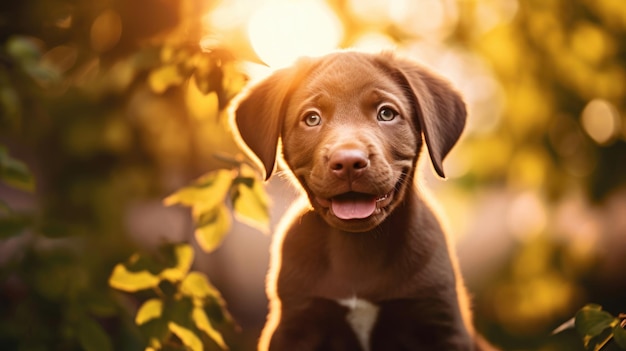 Portret van bruin schattig Happy Labrador retriever pup met zonsondergang bokeh gebladerte abstracte achtergrond Schattige glimlach hond hoofd geschoten met groene lente boom blad