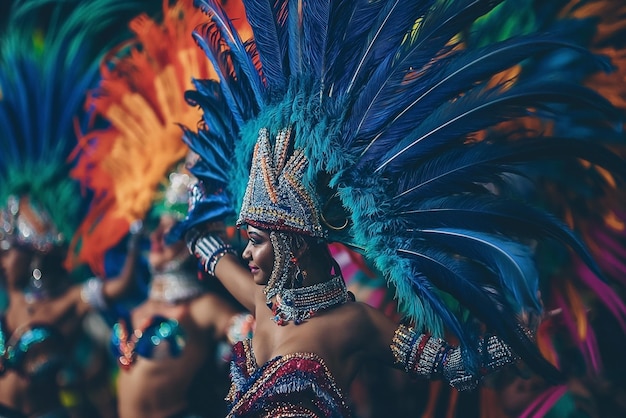 Portret van carnavaldansers met kleurrijke veren tijdens de viering van het sambafestival