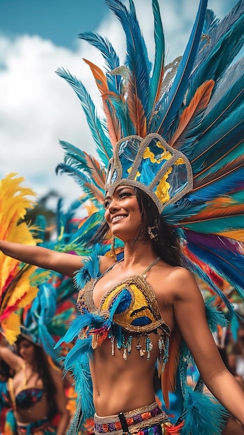 Portret van carnavaldansers met kleurrijke veren tijdens de viering van het sambafestival