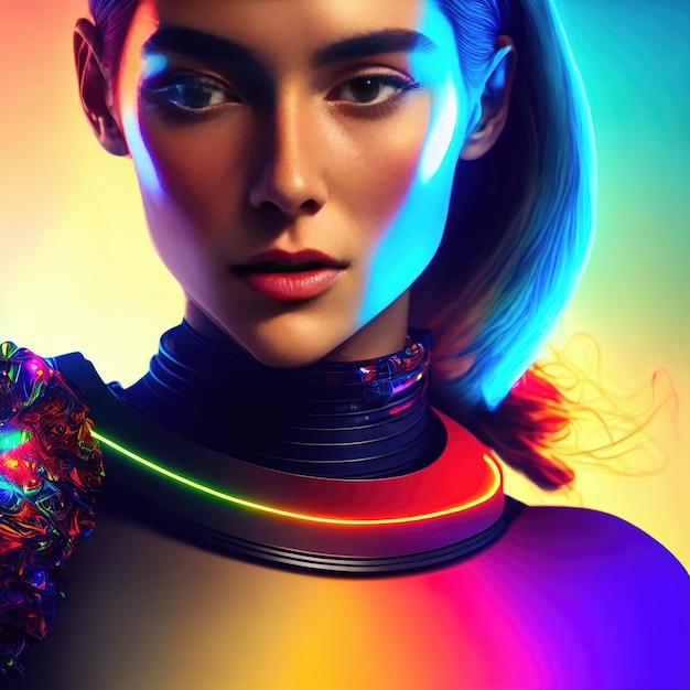 Portret van cyborg android half menselijke vrouw dame op neonlicht achtergrond generatieve kunst door AI