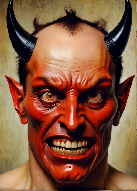 Foto portret van de duivel de duivel staat tegenover een angstaanjagende demon met horens
