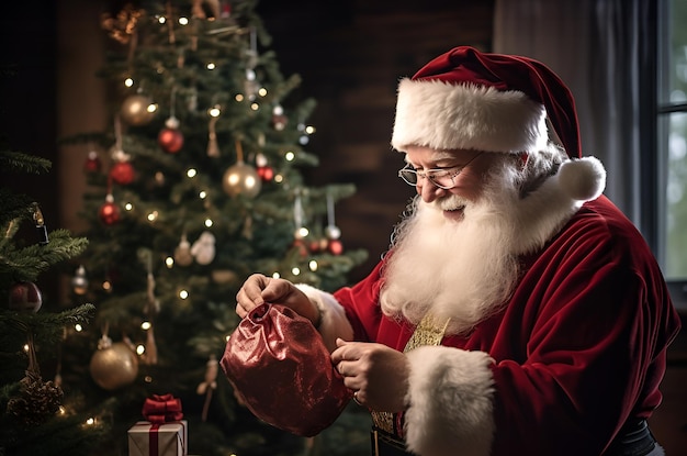 Portret van de gelukkige kerstman met een kerstcadeau cadeau doos rode zak of tas in zijn handen voor de groene sparrenboom thuis met decoraties kerstman bereidt verrassingen voor kopieer ruimte voor tekst