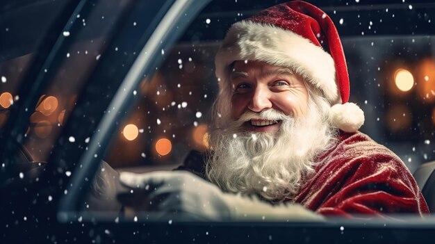 Portret van de Kerstman die een auto bestuurt Kerstmis en Nieuwjaar concept