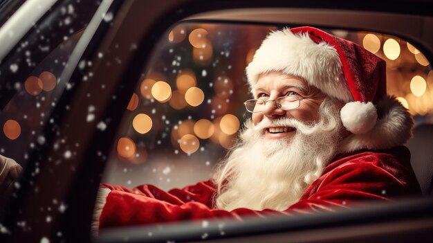 Portret van de kerstman die een auto rijdt kerst- en nieuwjaarsconcept