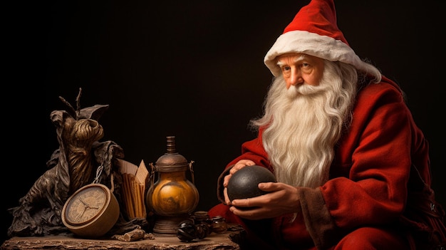 portret van de kerstman met kerstlantaarn. kerst- en nieuwjaarsgroet. Kerstman in een rode pet met een grote baard op een rode achtergrond