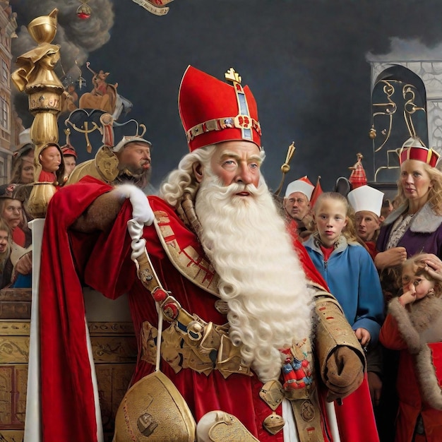 Portret van de Nederlandse Kerstman genaamd 'Sinterklaas' terwijl hij in de stad aankomt