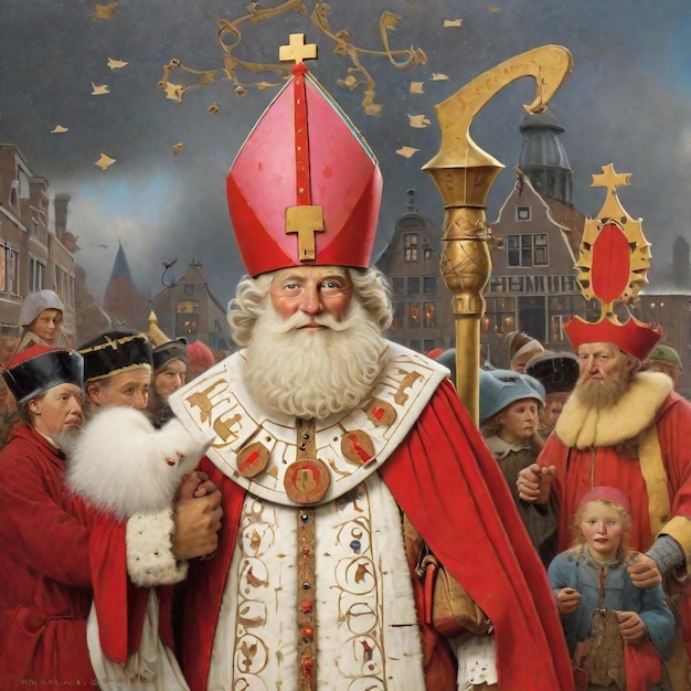 Foto portret van de nederlandse kerstman genaamd 'sinterklaas' tijdens zijn aankomst in de stad