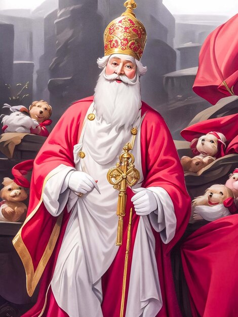 Foto portret van de nederlandse kerstman genaamd 'sinterklaas' tijdens zijn aankomst in de stad