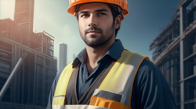 Portret van de werknemer met veiligheidshelm op hoofd in vest staande met bouwplaats en kijkend naar camera Werelddag van de Arbeid ConceptAI Generative