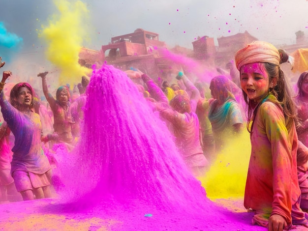 portret van de zusters geschilderd in de kleuren van Holi