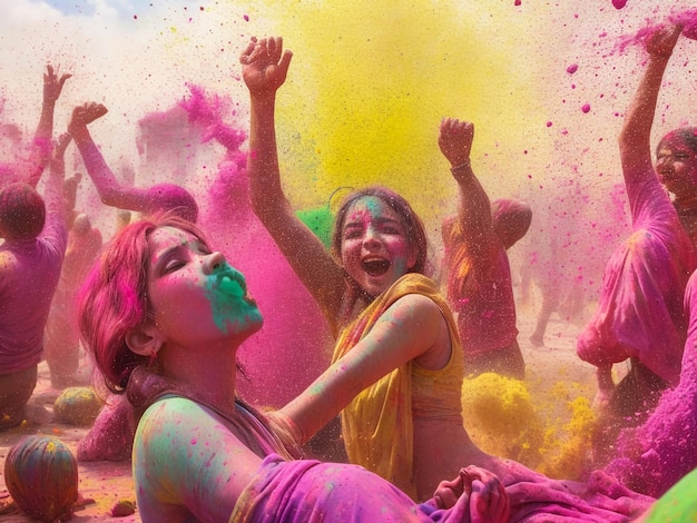 portret van de zusters geschilderd in de kleuren van Holi