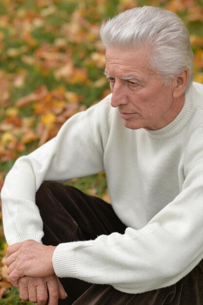 portret van doordachte senior man in park