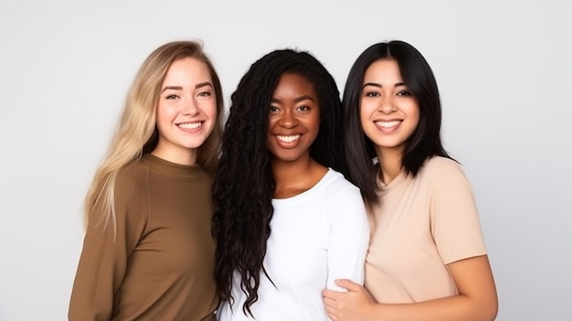 Portret van drie jonge multiraciale vrouwen die samen staan en glimlachen Generatief AI-beeld