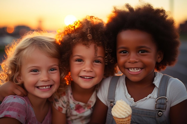 Portret van drie lachende kleine meisjes met ijs in kegel buiten