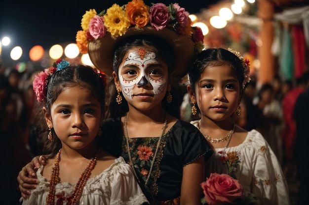Portret van drie meisjes in traditionele kostuums op de nacht van de doden in Mexico