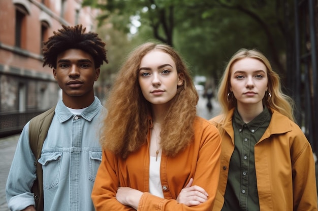 Portret van drie zelfverzekerde jonge mensen die buiten staan, gemaakt met generatieve AI