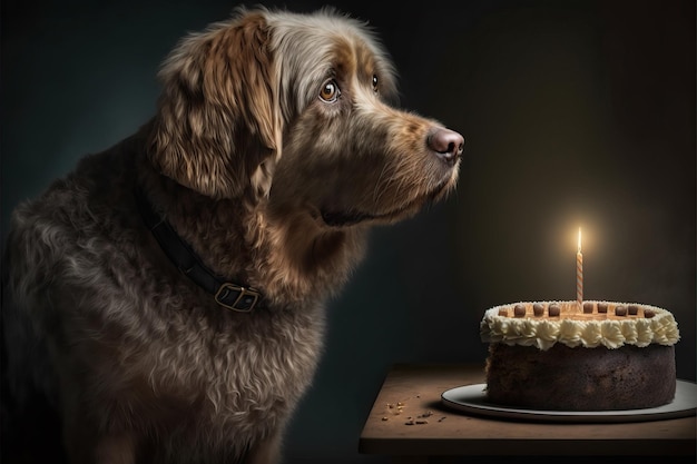 Portret van een aanbiddelijke huishond die een verjaardag viert voor een lekkere cake met een kaars Beste vriend concept