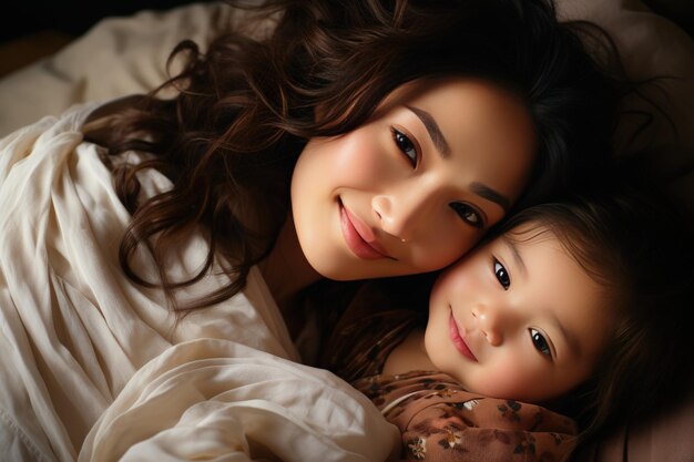 Portret van een aanhankelijke Aziatische moeder die zich buigt om haar baby te kussen die op een bed rust