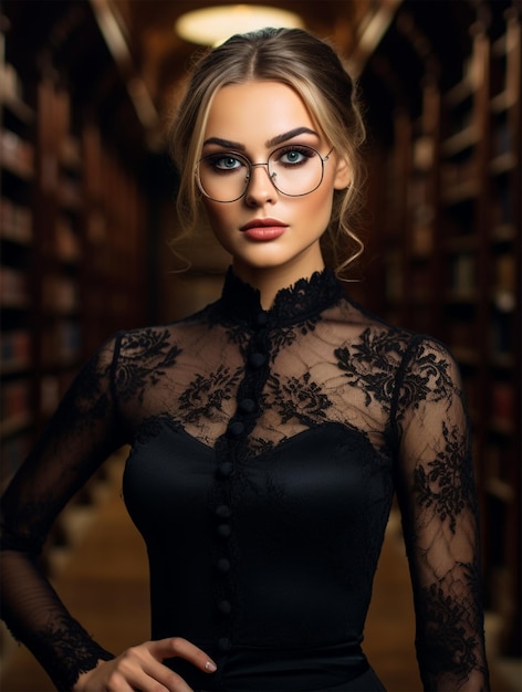 Portret van een aantrekkelijk jong meisje bibliothecaris bibliotheekwerker gekleed in zwarte kleren boeken winnen