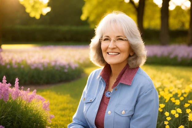 Portret van een aantrekkelijke elegante senior vrouw ontspannen in een bloemrijke tuin