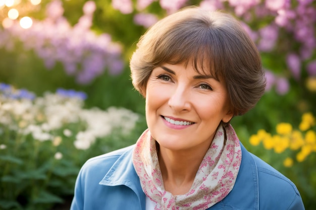 Portret van een aantrekkelijke elegante senior vrouw ontspannen in een bloemrijke tuin