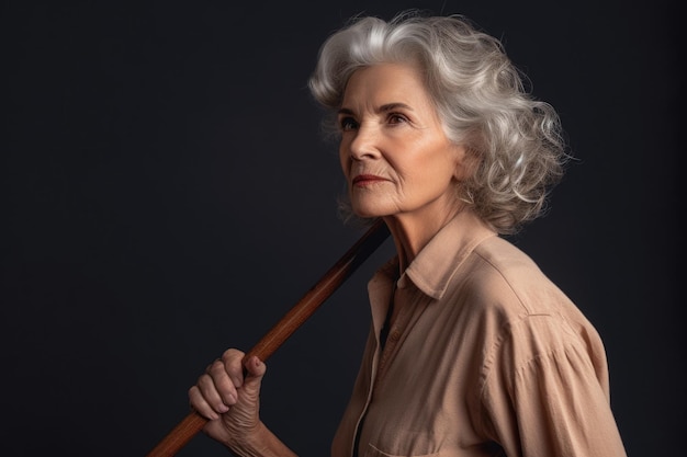 Portret van een aantrekkelijke en zelfverzekerde vrouw met een wandelstok gemaakt met generatieve ai