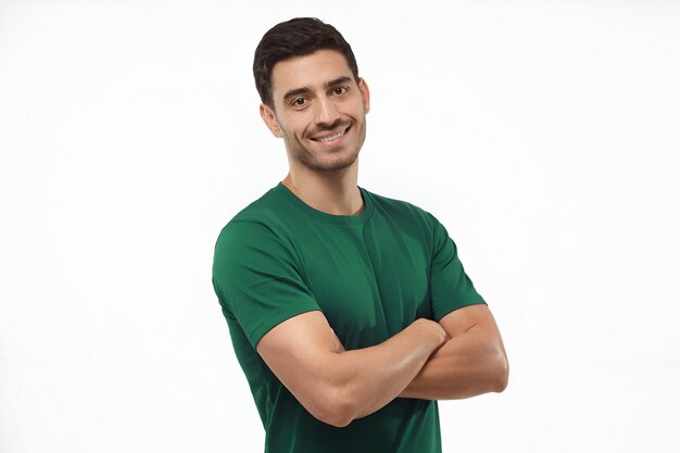 Portret van een aantrekkelijke jonge sportieve man in een groen T-shirt die met gekruiste armen staat geïsoleerd op een grijze achtergrond