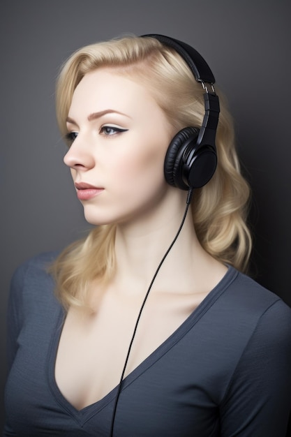 Portret van een aantrekkelijke jonge vrouw die een headset draagt en met gesloten ogen luistert