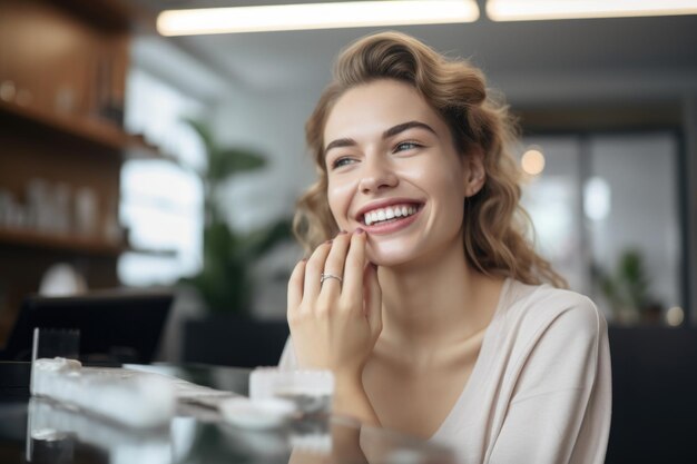 Portret van een aantrekkelijke jonge vrouw die haar nagels laat doen in een salon gemaakt met generatieve AI