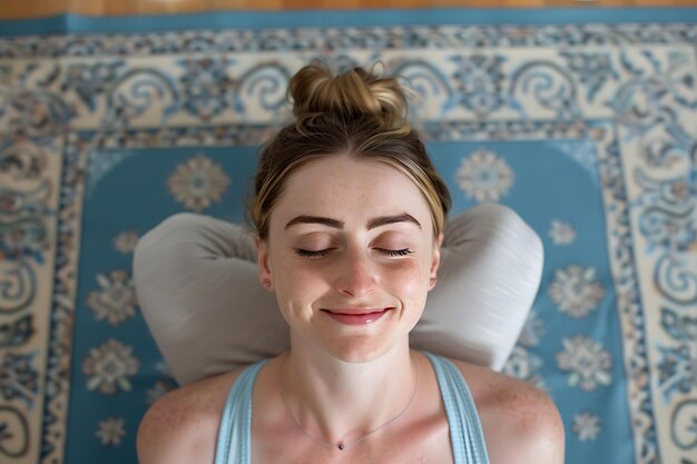 Foto portret van een aantrekkelijke jonge vrouw die yoga of pilates doet