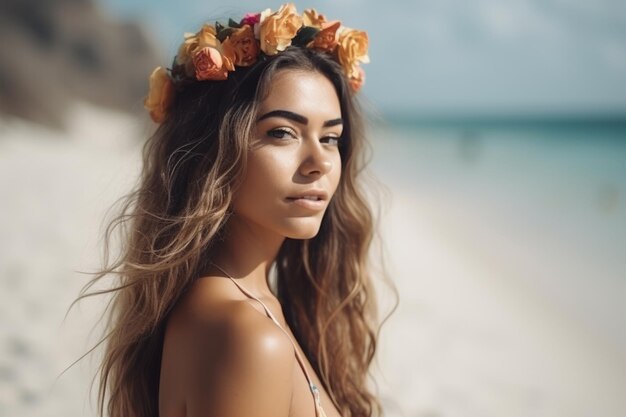 Portret van een aantrekkelijke jonge vrouw op tropisch strand