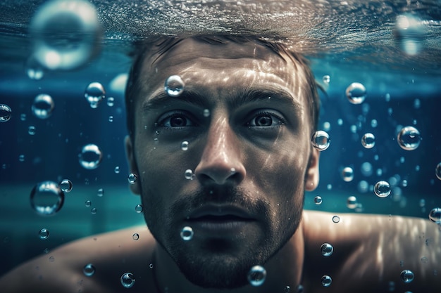 Portret van een aantrekkelijke man zwemt onder water in de zee generatieve ai