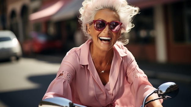 Portret van een aantrekkelijke oudere glimlachende vrouw in roze jurk die op een motorfiets in de grote stad rijdt