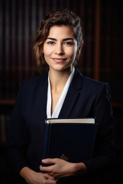 Portret van een aantrekkelijke vrouwelijke advocaat die een boek in haar hand houdt en naar de camera lacht