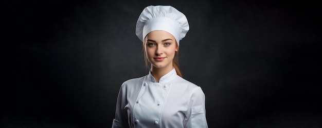 portret van een aantrekkelijke vrouwelijke chef-kok in koksmuts en -jasje chef-kok webbanner achtergrond