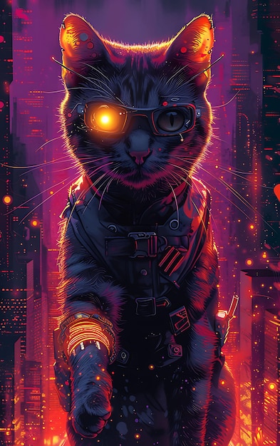 Portret van een Abessijnse kat met een cybernetisch oogimplantat en een Futuristi Cyber Poster Banner Flyer
