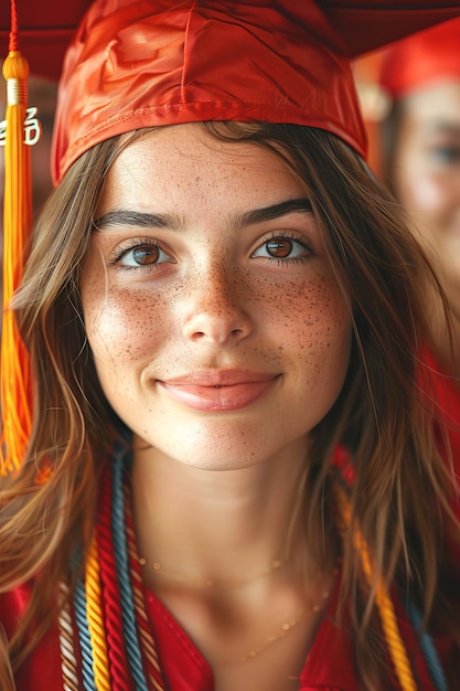 Portret van een afgestudeerd meisje met een fel oranje pet Onderwijs en afstuderen thema