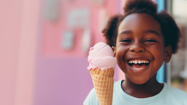 Portret van een Afrikaans-Amerikaans meisje dat geniet van een roze ijsje.