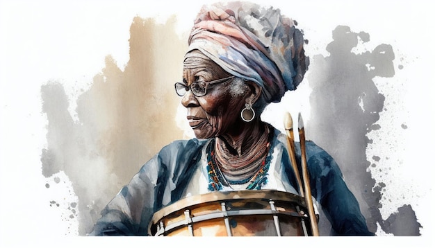 Portret van een Afrikaanse drummer in aquarelstijl door Generative AI