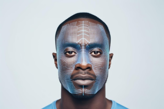 Portret van een Afrikaanse man met een biometrisch blauw raster op zijn gezicht op een witte achtergrond