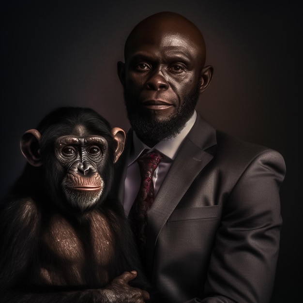 portret van een Afrikaanse ondernemer met chimpanseekenmerken in een 03-delig pak