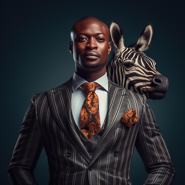 portret van een Afrikaanse ondernemer met zebra-kenmerken in een 03-delig pak