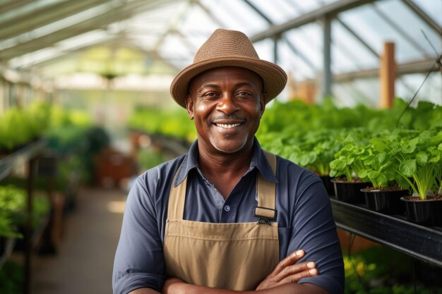 Portret van een Afrikaanse tuinier van middelbare leeftijd in een kas