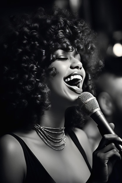 portret van een Afro-Amerikaans meisje met krullend haar dat jazz zingt in een microfoon