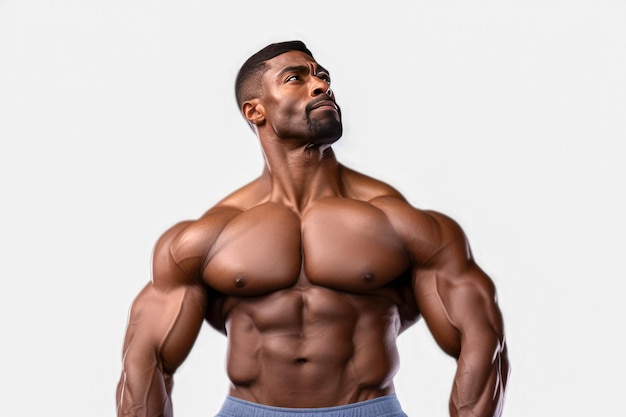 portret van een Afro-Amerikaanse bodybuilder op een grijze achtergrond