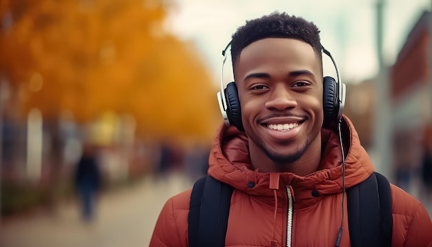 Portret van een afro-amerikaanse man met een koptelefoon die in de herfststad loopt