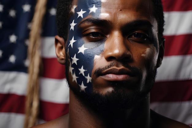 Portret van een Afro-Amerikaanse man met het gezicht geschilderd in de kleuren van de Amerikaanse vlag Stemmen bij verkiezingen