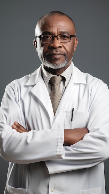Portret van een Afro-Amerikaanse mannelijke vertrouweling in een witte jas die met de armen gekruist staat