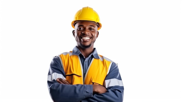 Portret van een Afro-Amerikaanse zwarte leider van de ingenieur met gekruiste armen en een glimlach op een witte achtergrond GENERATE AI