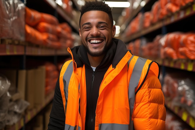 Portret van een Afrodescendant-man aan het werk in een magazijn, gekleed in een oranje uniform Gelukkig